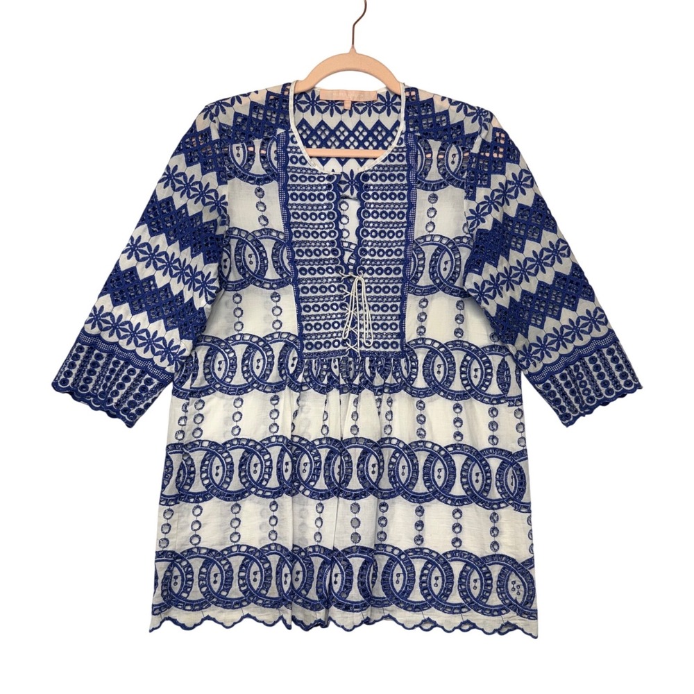 Valerie Khalfon Paris Blue White Embroidered Eyelet Tunic Top Size 40 Womens